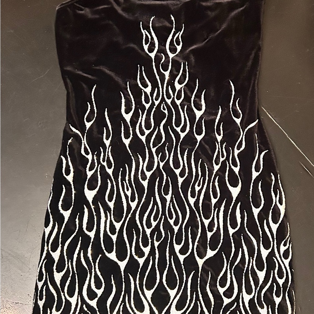 Vintage 1990’s Black Velvet Mini Dress With Silver Glitter Flames